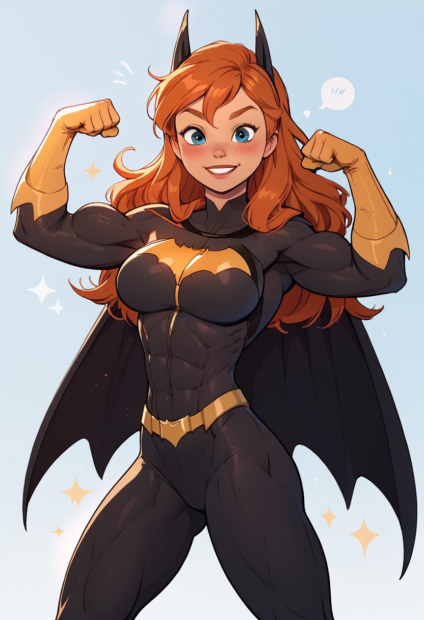 (score_9, score_8_up, score_7_up), Batgirl, ginger hair, large round breasts, very pale skin, bright blue eyes, 1girl, Blue eyes, , (young face), innocent look, pretty face, cute, blush, (((large breasts,))), muscular body, big muscular abs, sexy pose, (((painted on batgirl costume))), (((simple background))), (((cowboy shot))), (((flexing bicep))), blushing, horny, blush, detailed background, light particles, smiling, seductive, full body, looking at viewer