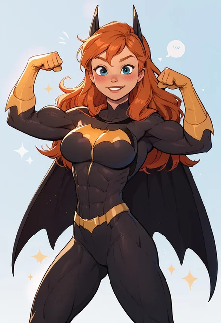 (score_9, score_8_up, score_7_up), Batgirl, ginger hair, large round breasts, very pale skin, bright blue eyes, 1girl, Blue eyes, , (young face), innocent look, pretty face, cute, blush, (((large breasts,))), muscular body, big muscular abs, sexy pose, (((painted on batgirl costume))), (((simple background))), (((cowboy shot))), (((flexing bicep))), blushing, horny, blush, detailed background, light particles, smiling, seductive, full body, looking at viewer