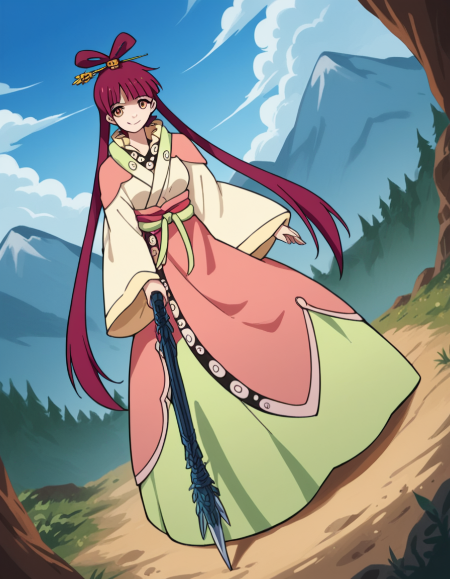 score_9, score_8_up, score_7_up, source_anime, <lora:kougyoku-ren-s1-ponyxl-lora-nochekaiser:1>, kougyoku ren, long hair, red hair, hair rings, twintails, bangs, blunt bangs, orange eyes, medium breasts,, shawl, dress, wide sleeves, long sleeves, sash, long skirt,, mountain trail, hiking, nature, backpack, adventure, fresh air, smile, v,, looking at viewer, solo,, dutch angle, cowboy shot