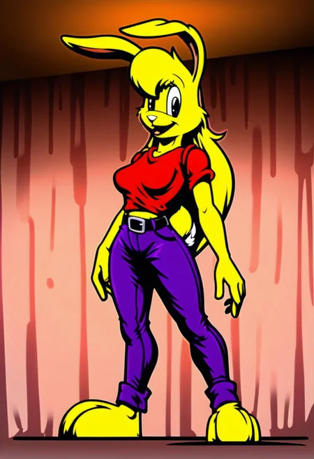 score_9, score_8_up, score_7_up, score_6_up, score_5_up, score_4_up, retro artstyle, BREAK
LoriJackRabbitPXL, rabbit girl,long yellow hair,yellow skin,1girl, solo,rabbit tail,yellow skin, animal ears, pants, black eyes, colored skin,rabbit ears,long yellow hair, belt, smile, shirt, black belt, open mouth, looking at viewer,rabbit girl,rabbit tail, full body, breasts, standing, furry female, blush, red shirt,purple pants, :d, indoors,barefoot,furry, midriff peek
<lora:lorijackrabbit-v1:0.9>