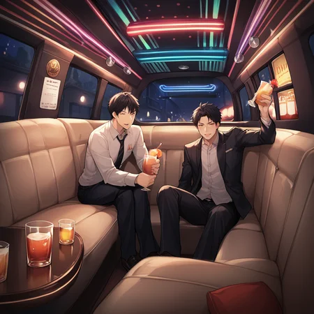 zPDXL2,score_9, score_8_up, score_7_up, score_6_up, score_5_up, score_4_up, source_anime,rating_questionable,multiple boys,party, <lora:Limo_Interior:0.8> l1mo, couch, vehicle interior, night, neon lights, limousine, alcohol, bar