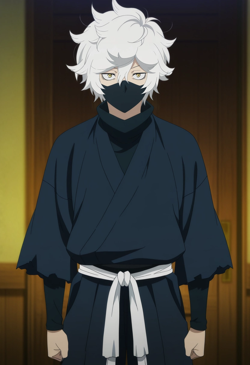masterpiece, best quality, anime screencap, official style, anime coloring, cowboy shot, 1boy, solo, male focus, <lora:gabimaru_jigokuraku_ilxl:0.92>, gabimaru_jigokuraku, white hair, yellow eyes, hair between eyes, short hair, messy hair, , mouth mask, ,