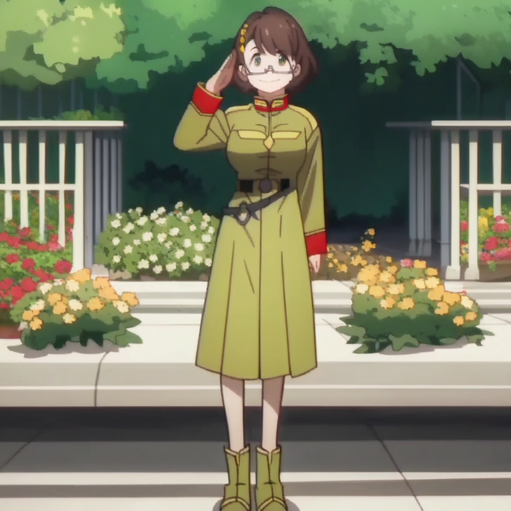 score_8, score_8_up, score_7_up, source_anime, anime screenshot, 1girl, female focus, solo, Mia_CF, brown hair, medium hair, bob cut, hair ornament, glasses, semi-rimless eyewear, under-rim eyewear, large breasts, military uniform, collared jacket, military rank insignia, green jacket, long sleeves, sleeve cuffs, belt, belt buckle, green skirt, skirt, ankle boots, green footwear, looking at viewer, smile, full body, standing, salute, outdoors, garden, tree, flowers