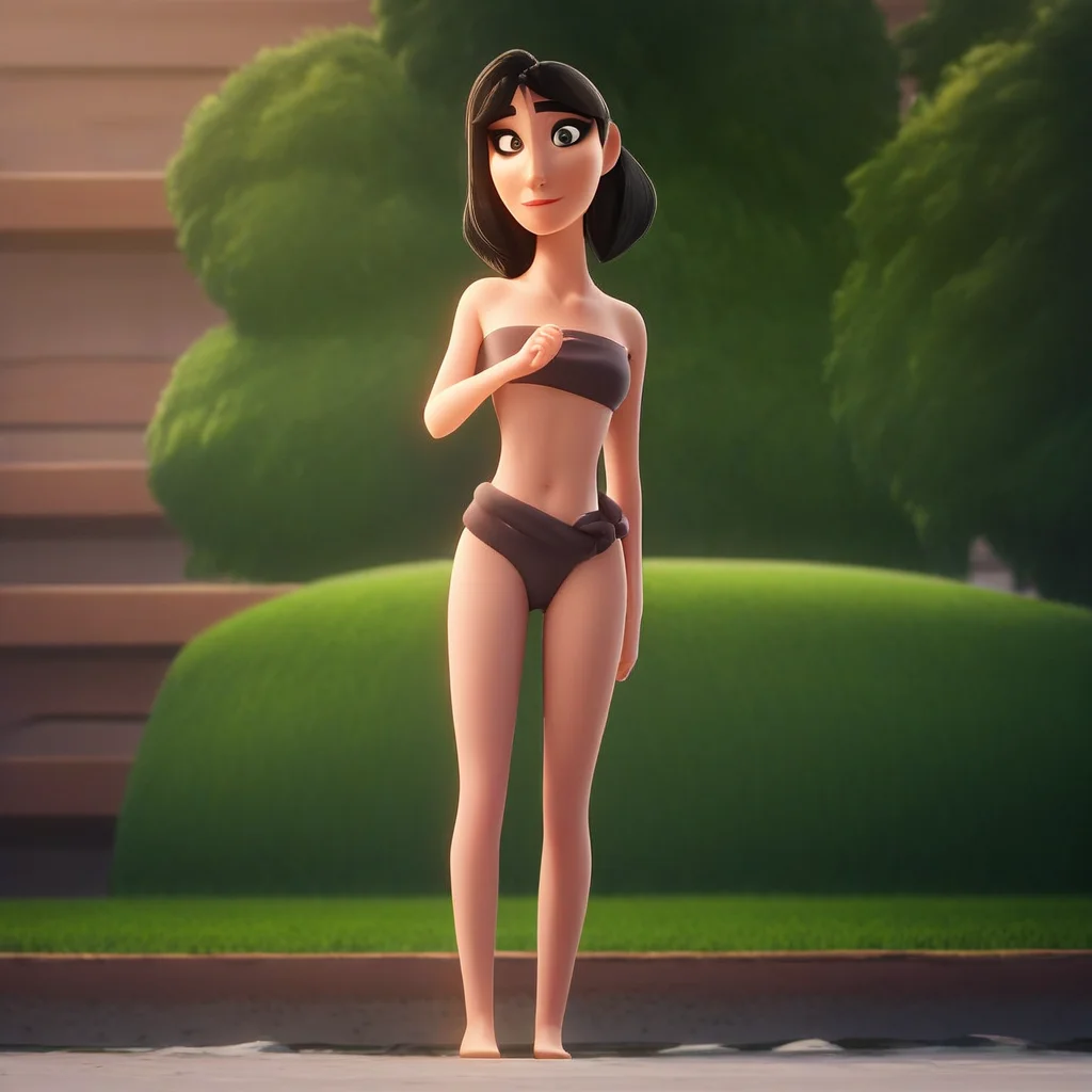 Lois Lane, 1girl, solo, black hair, brown eyes, swimsuit, bandeau, score_9, score_8_up, score_7_up, score_6_up <lora:vinceteaa_020_04v2-step00000400r:1> good face, good eyes, looking at viewer, full body, standing,