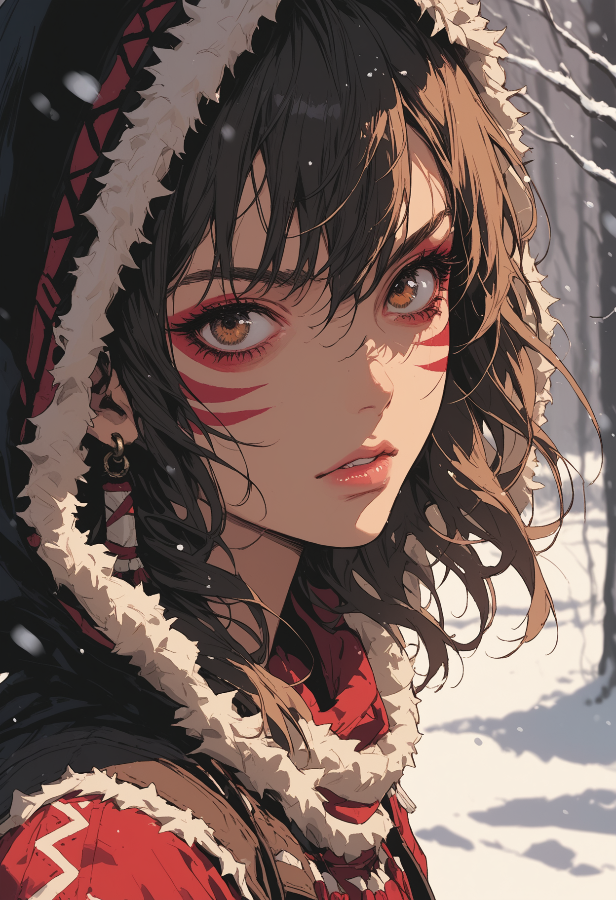 score_9, score_8_up, score_7_up,source_anime,1girl,solo,intense brown hair,short hair,wavy hair,hair between eyes,brown eyes,perfecteyes,eyebrows,tribal clothes,((wearing a hood)),fur hood,tribal earrings,red face marking,snow,snowing,tree,looking at viewer,sinozick,flat colors