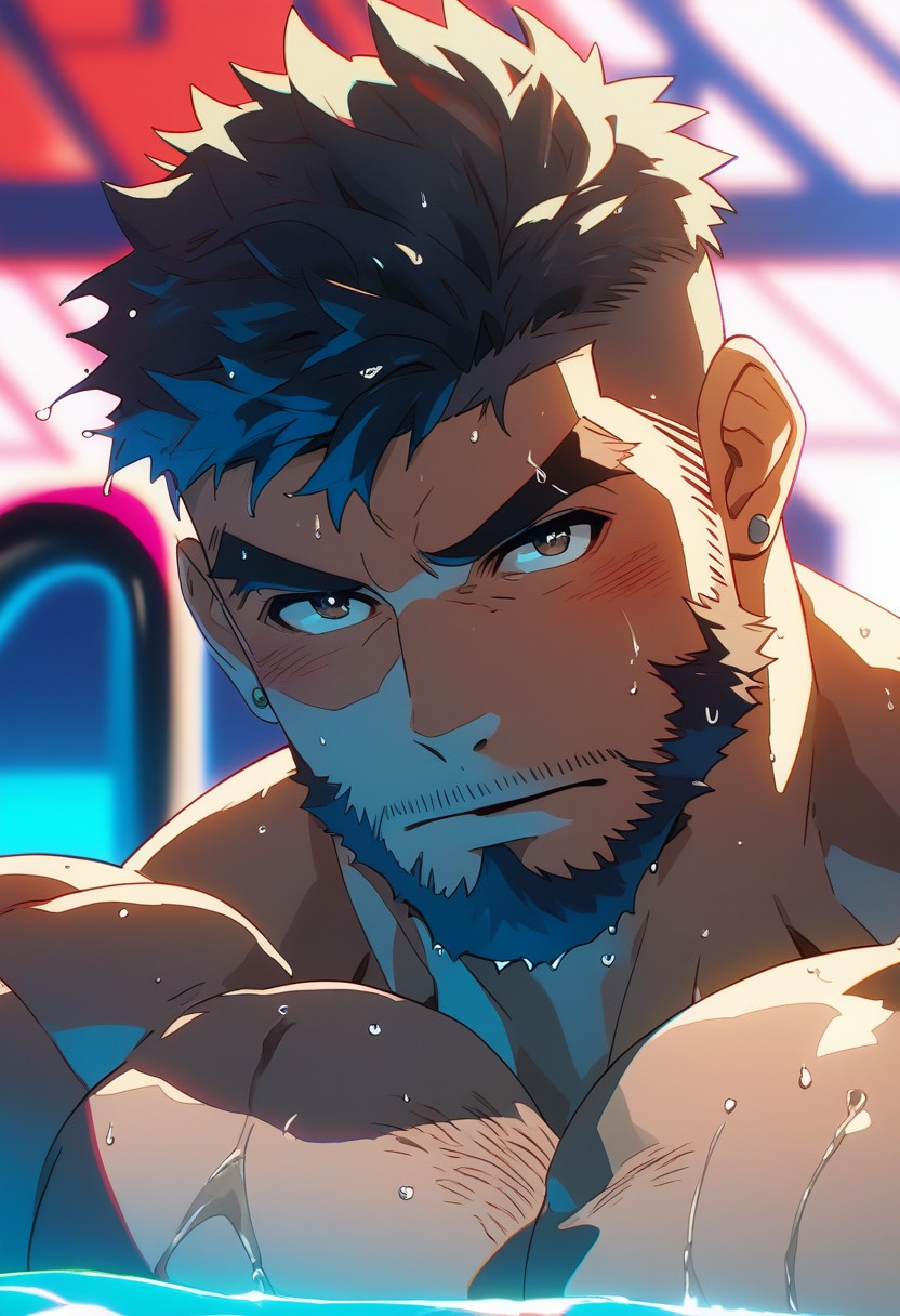 score_9,score_8_up,score_7_up,source anime, 
1boy, portrait,close-up,male focus, facial hair, solo, beard, bara, muscular male, muscular, wet, short hair, chest hair, pectorals, mature male, looking at viewer, blush, thick eyebrows, nude, jewelry, earrings, large pectorals, black hair, undercut, portrait, wet hair
BREAK, sharp shadows,direct lighting,vibrant colors,in pool,glow effect,bloom,edge color fringing,chromatic aberration,
<lora:NijijourneyV6Style-000016:1>