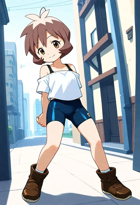 <lora:Hyper-SDXL-8steps-lora:1><lora:Fixhands_anime_bdsqlsz_V1:1>zPDXL2, score_9, score_8_up, score_7_up, source_anime, intricate details, perfect anatomy BREAK
1girl, solo, bj-shout, brown hair, short hair, antenna hair, brown eyes, white shirt, bare shoulders, black bike shorts, brown shoes,
downblouse, arms behind back, Seductive, A sultry gaze, a slightly parted lips, and a hint of a smile.,
outdoors, city, tokyo, japan,
 <lora:bj-shout_XL(pony)v10:1>