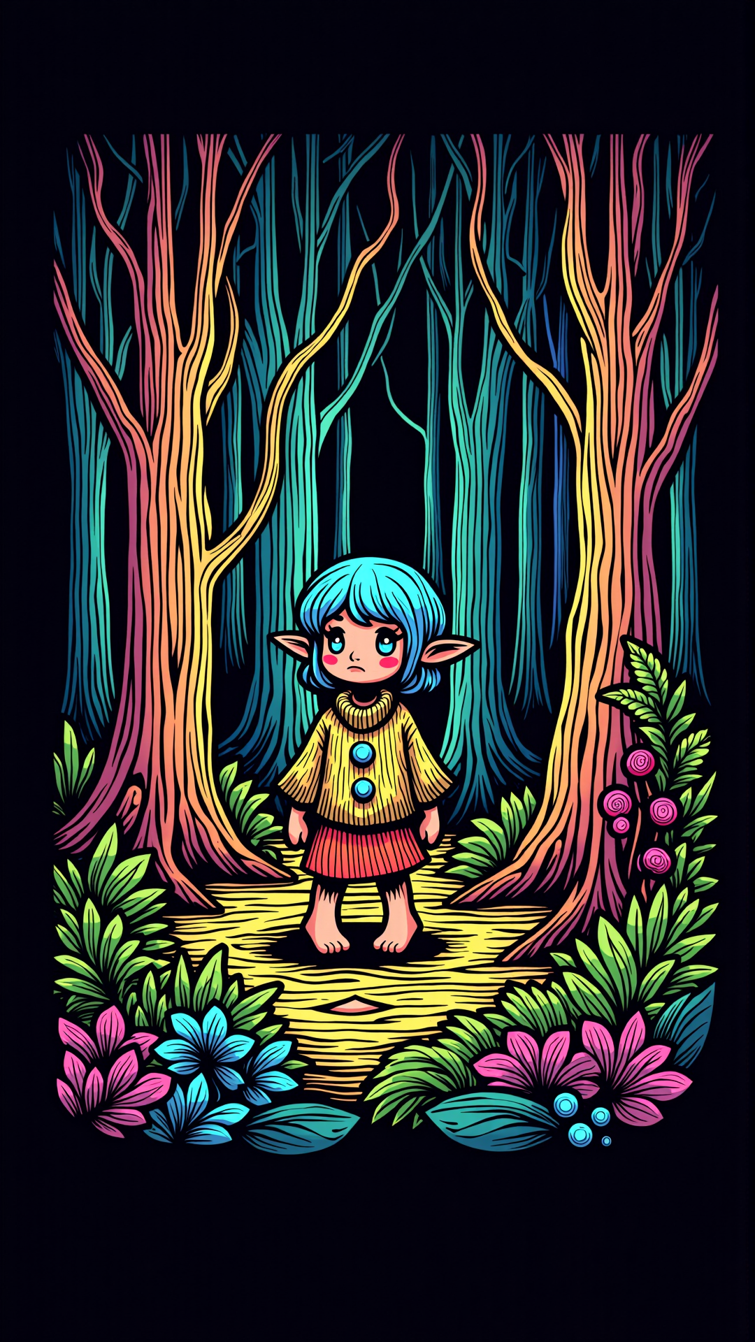 lineart, colorful, curious sprite of the woods<lora:NoctichromeFlux:0.75>