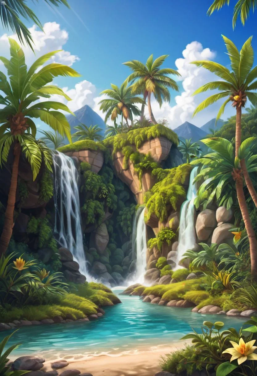 (masterpiece), realistic lighting,vivid color,ultra sharp,score_9, score_8_up, score_7_up, score_6_up, score_5_up, score_4_up,source_anime, realistic illustration, intricate details, hyperdetailed, extremely sharp,4k, (Kairunoburogu, by neocoill:0.5), Ink illustration, Ink illustration, a tree house, rustic, stilt house, on a beautiful tropical beach, surrounded by mountains, waterfalls, flagstone floor, wood, palm trees, streams, water lilies, natural pools, vibrant color palette, sunrise, hissing clouds