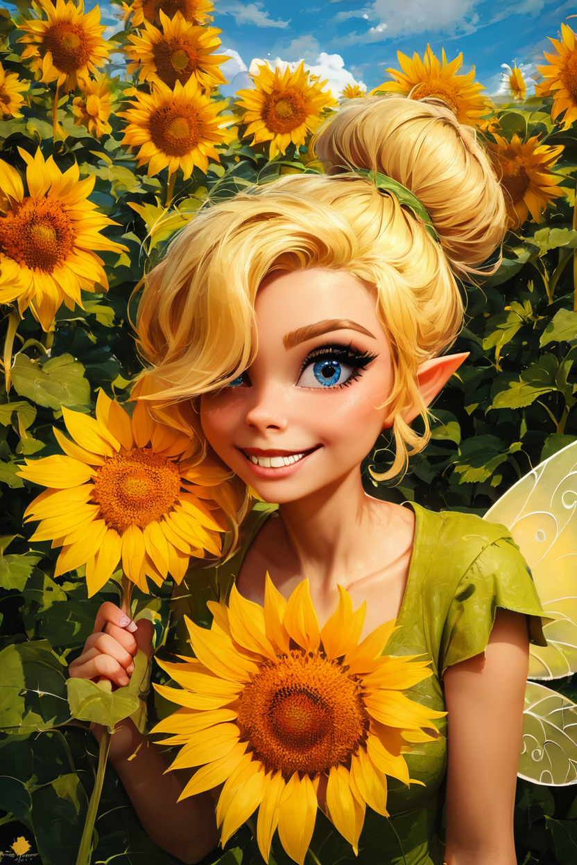 score_9, score_8_up, score_8, medium breasts, (curvy), cute, eyelashes,       BREAK, , BREAK, TinkerWaifu, fairy wings, blonde hair, blue eyes, green dress, sexy, hair bun,, <lora:tinkerbellPonyXL_character:0.8>,, zzSunflower, upper body, outdoors, hand up, portrait, one eye covered, yellow flower, holding flower, <lora:Sunflower_PDXL_v2:0.8>, , BREAK,  smile, looking at viewer, cowboy shot,  embedding:zPDXL, Expressiveh, <lora:SDXLFaeTastic2400:0.5>,  <lora:Expressive_H-000001:0.4>,