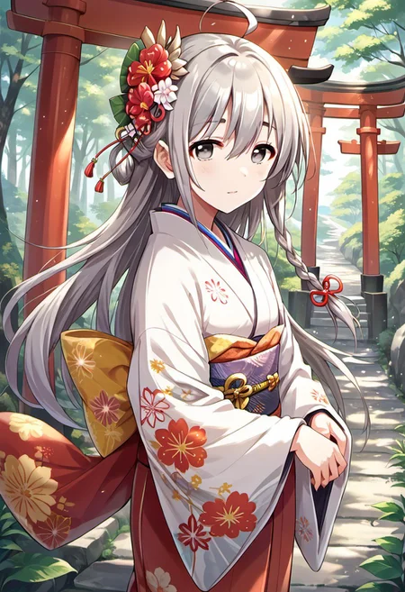 score_9, score_8_up, score_7_up, source_anime, hoshi shouko, long hair, ahoge, grey hair, grey eyes, braid, 1girl, japanese clothes, kimono, hair ornament, hair flower, flower, solo, torii, single braid