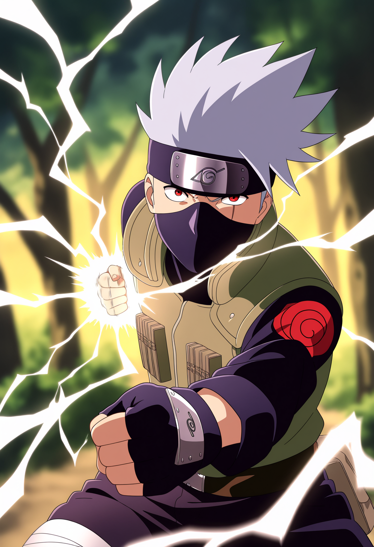 masterpiece, best quality, very aesthetic, absurdres,
1boy, kakashi casting a chidori, grey hair, red eyes, covered mouth, scar across eye, forehead protector, konohagakure symbol,
fingerless gloves, chidori, fighting stance, electricity, energy, pants,
((punching, incoming attack, motion lines, motion blur, foreshortening)), perspective,
looking at viewer, solo, forest, trees, blurry background,    <lora:KakashiNoobXL_byKonan:1>