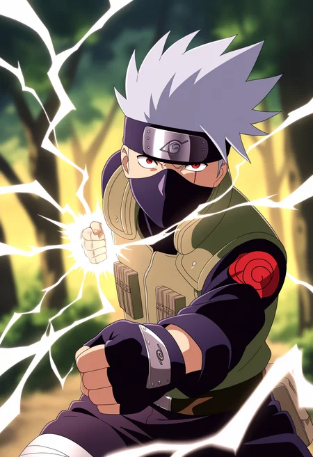 masterpiece, best quality, very aesthetic, absurdres,
1boy, kakashi casting a chidori, grey hair, red eyes, covered mouth, scar across eye, forehead protector, konohagakure symbol,
fingerless gloves, chidori, fighting stance, electricity, energy, pants,
((punching, incoming attack, motion lines, motion blur, foreshortening)), perspective,
looking at viewer, solo, forest, trees, blurry background, <lora:KakashiNoobXL_byKonan:1>
