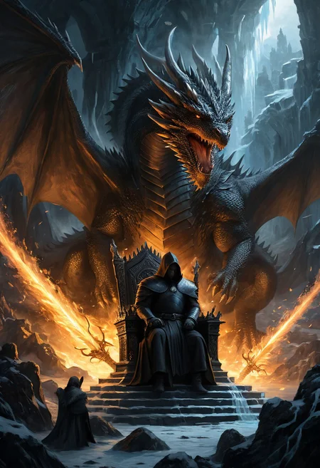 very long shot, (dragon:1.3), 1man, dragon standing behind man, (very old man), (black hood:1.2), black robe , sitting on a throne, throne of swords, thousand swords throne, Game of Thrones, dragon looming over, epic fantasy character art, concept art, fantasy art, (ice swirling:1.3), (fire swirling), ((best quality)), ((masterpiece)), detailed soft oil painting, detailed background, dramatic cinematic lighting, soft edge lighting, professional, ultra quality, 4k, extremely detailed, Game of Thrones style