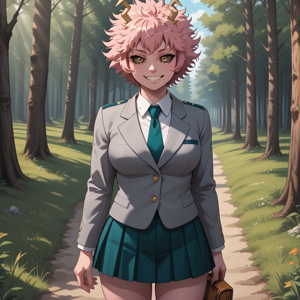 score_9, score_8, BREAK, solo, Mina_Ashido_(My_Hero_Academia), 1girl, pink skin, pink skin female, colored skin, pink hair, horns, yellow eyes, black sclera, colored sclera, grey jacket, pleated skirt, white shirt, necktie, black socks, brown shoes, self portrait, smile, looking at viewer, outdoors, sunlight, shadows, evening lighting, natural lighting, forest, trees, grass, orange sky, sunset