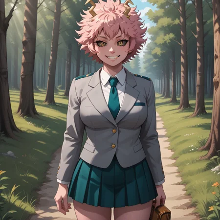 score_9, score_8, BREAK, solo, Mina_Ashido_(My_Hero_Academia), 1girl, pink skin, pink skin female, colored skin, pink hair, horns, yellow eyes, black sclera, colored sclera, grey jacket, pleated skirt, white shirt, necktie, black socks, brown shoes, self portrait, smile, looking at viewer, outdoors, sunlight, shadows, evening lighting, natural lighting, forest, trees, grass, orange sky, sunset