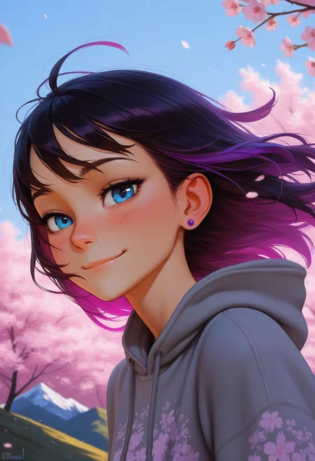 masterpiece, best quality, amazing quality, (incase:0.7), (painterly:1.5), (oil painting \(medium\):1.5), colorful, (high contrast), BREAK, 1girl, 25 years old, cute, petite,
(three quarter view), detailed face, portrait, face focus, depth of field, looking at viewer, blush, shy smile, close up,
blue eyes,
multicolored hair, black hair, purple hair, stud earrings, purple earrings,
hoodie, grey hoodie, print hoodie,
day, blue sky, cherry blossoms, falling petals, outdoors, spring (season), wind, scenery, mountain, nature