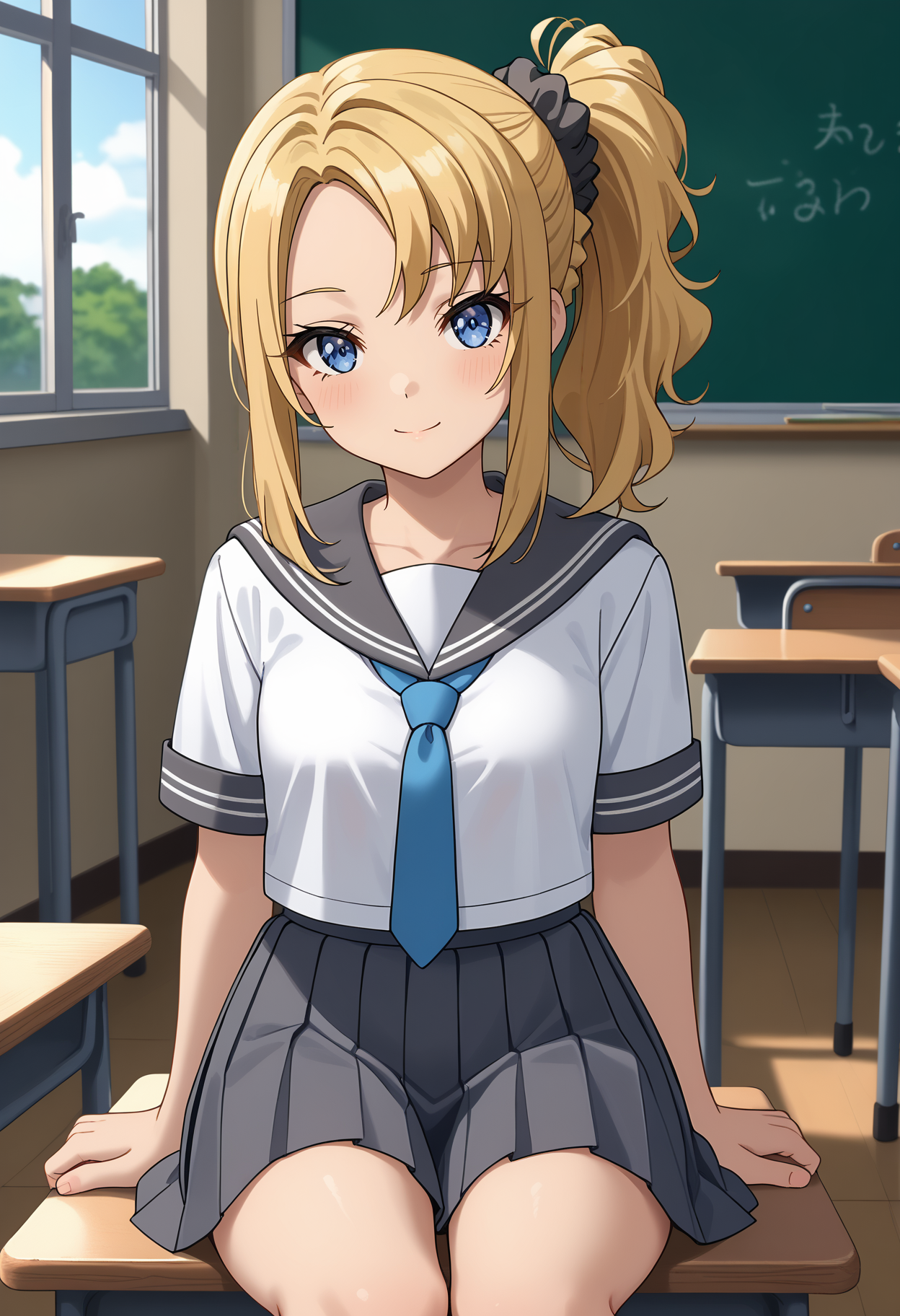 score_9,
<lora:SeishunButaYarou_ToyohamaNodokaXL:0.8>,
1girl, solo, closed mouth, light smile, light blush,
side ponytail, blonde hair, blue eyes, parted bangs, hair scrunchie, grey scrunchie,
NodokaSchool, serafuku, grey sailor collar, white shirt, short sleeves, blue necktie, pleated skirt, grey skirt,
head tilt, thigh gap, sitting, looking at viewer,
blurry background, indoors, classroom