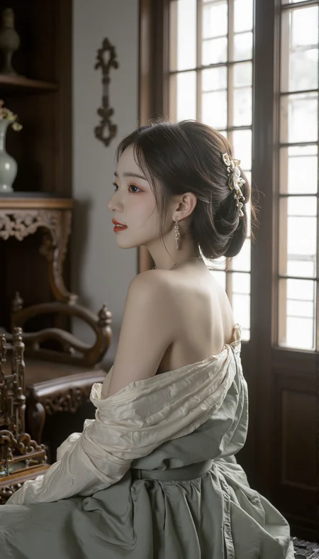 The image shows a young woman seated in an intricately designed traditional Chinese interior, with her back to a large window that lets in the soft morning light. Her face is brought into focus, revealing a serene expression as she gazes thoughtfully off to the side. She wears her hair in an elegant updo, adorned with delicate hairpins and earrings. Her traditional Chinese clothing is more revealing, with a silk robe open at the top, subtly hinting at her breasts which are modestly covered by the fabric. The room's atmosphere remains quiet and intimate, filled with antique furniture and decor reminiscent of an earlier time period. This high-quality masterpiece captures the tranquility of the scene in a style reminiscent of Vermeer or Renoir, paying meticulous attention to the textures of the fabric and the soft interplay of light on her skin, all within a unique East Asian composition.. qingyi<lora:flux\ã麦æ©éè¡£ãMajicflus.safetensors:0.7000000000000001:0.7000000000000001> <lora:flux\majicbeauty1.safetensors:1.0:1.0>