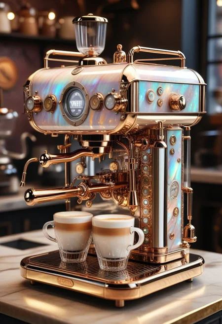 pearlescent style steampunk coffee machine with mother-of-pearl decoration. Realistic technical photo, detailed, pipes, taps, an analog instrument, decorative structure on the counter of a coffee shop. Sunshine. incredible detail, highest quality, 8k ultra-high resolution, visual masterpiece, vibrant, warm