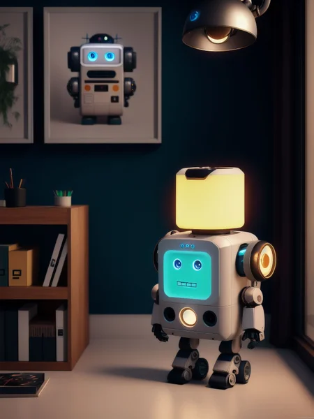 Electronic robot and office, unreal engine, cozy indoor lighting, artstation, detailed, digital painting, cinematic, character design by mark ryden and pixar and hayao miyazaki, unreal 5, daz, hyperrealistic, octane render