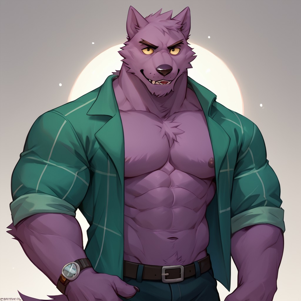 score_9, score_8_up, score_7_up, score_6_up, score_5_up,  Bernard, wolf, solo, furry male, purple fur, open shirt, bara, standing, <lora:Bernard-000011:1.0>