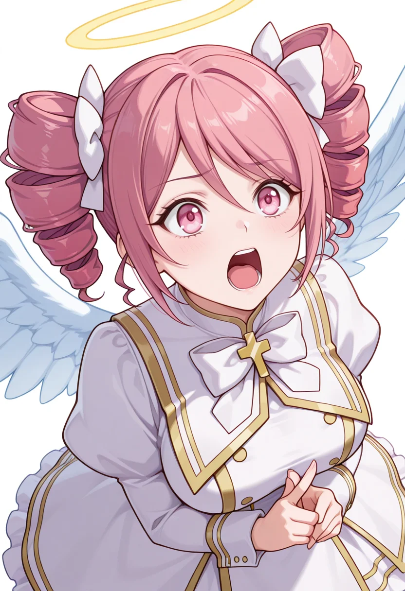 Smooth Quality,masterpiece,very intricate, high quality details, ultra realistic, high detailed skin,detailed enviorement,absurdres,
crossed fingers,
<lora:Pino_CNR:0.8>
pino_cnr, 1girl, pink hair, short hair, twintails, drill hair, pink eyes, large breasts,
pino_cnr_def, white dress,white bow, hair bow, hair ribbon, cross,long sleeves, juliet sleeves, halo, angel wings,, simple background, white background, from above,solo,, screaming,