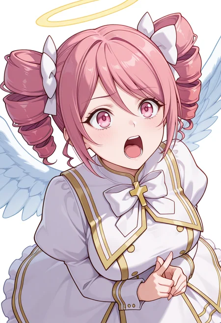 Smooth Quality,masterpiece,very intricate, high quality details, ultra realistic, high detailed skin,detailed enviorement,absurdres,
crossed fingers,
<lora:Pino_CNR:0.8>
pino_cnr, 1girl, pink hair, short hair, twintails, drill hair, pink eyes, large breasts,
pino_cnr_def, white dress,white bow, hair bow, hair ribbon, cross,long sleeves, juliet sleeves, halo, angel wings,, simple background, white background, from above,solo,, screaming,