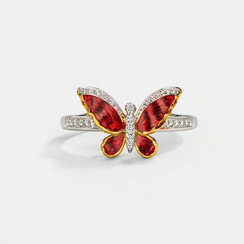 ring, butterfly, red and yellow butterfly,crystals<lora:diamond:1>