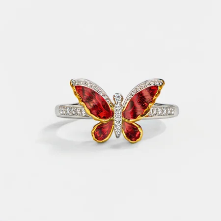 ring, butterfly, red and yellow butterfly,crystals<lora:diamond:1>