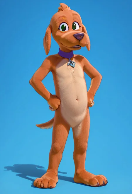 score_9, score_8_up, score_8, score_7, source_cartoon, Tag_B, solo, anthro, female furry, dog, dog girl, brown fur, tan belly, long ears, black eyes, black nose, thin tail, purple collar, checker flag tag, full body, looking at viewer, standing, sassy pose, smile, hands on hips, blue background,