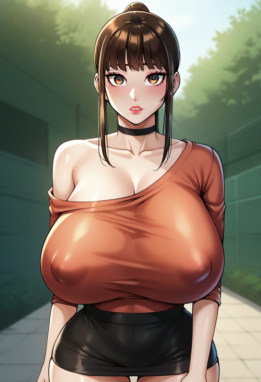 score_9, score_8_up, score_7_up, score_6__up, ryzesalt,
outdoor,afternoon,
Front view,face focus,
choiHyuna, solo, brown hair, bangs, sidelocks,huge breasts,brown eyes, black skirt,black choker,off shoulder, colored shirt, covered nipples,
standing,