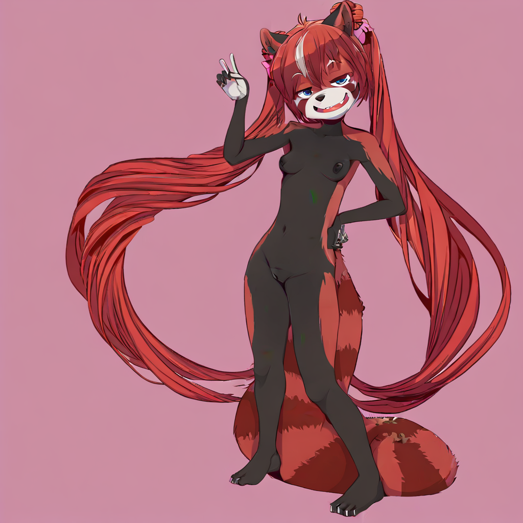 red panda, ailurid, black hair, braided hair, long hair, single braid, red body, red fur, black body, black fur, multicolored body, multicolored fur, small breasts, nipples, dark nipples, pussy, clitoris, cleft of venus, nude, standing, solo, looking at viewer, blue eyes, red panda ears, red panda tail, smiling