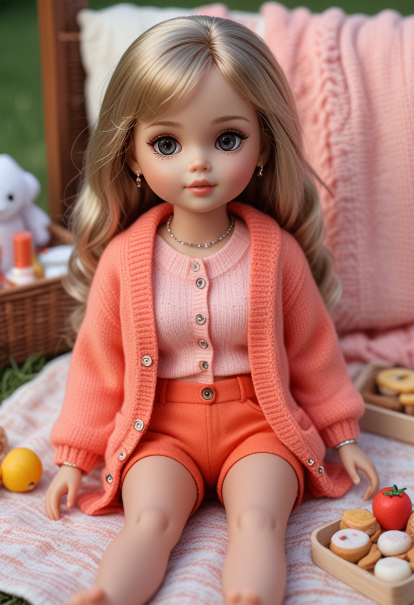 (medium full shot) of (adorable doll)  dressed in a coral stylish cardigan, short pants, miniature sandals, glitter eyeshadow, charm bracelet, enjoying a picnic, located in  a cozy picnic, with warm blankets, homemade snacks, cute toys, a relaxing afternoon , Masterpiece,best quality, photo, realistic, very aesthetic,