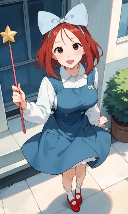 (1girl:1.5), (solo:1.3), (score_9, score_8_up, score_7_up, score_6_up, score_5_up, score_4_up), (source_anime), rating_questionable, looking at viewer, (full body:1.3), outdoors, blue sky, cloudy sky, looking at viewer,
(shiwasu-mari), (black eyes, red hair, medium hair, parted bangs, parody hair), (large breasts), (smile, happy, open mouth, wide mouth), <lora:magical-mari-early_v1:0.9> (light blue big hair bow, royal blue pinafore dress, white collared shirt, long sleeves, white bobby socks, red footwear, mary janes), (holding wand), hand up, (from above:1.3)