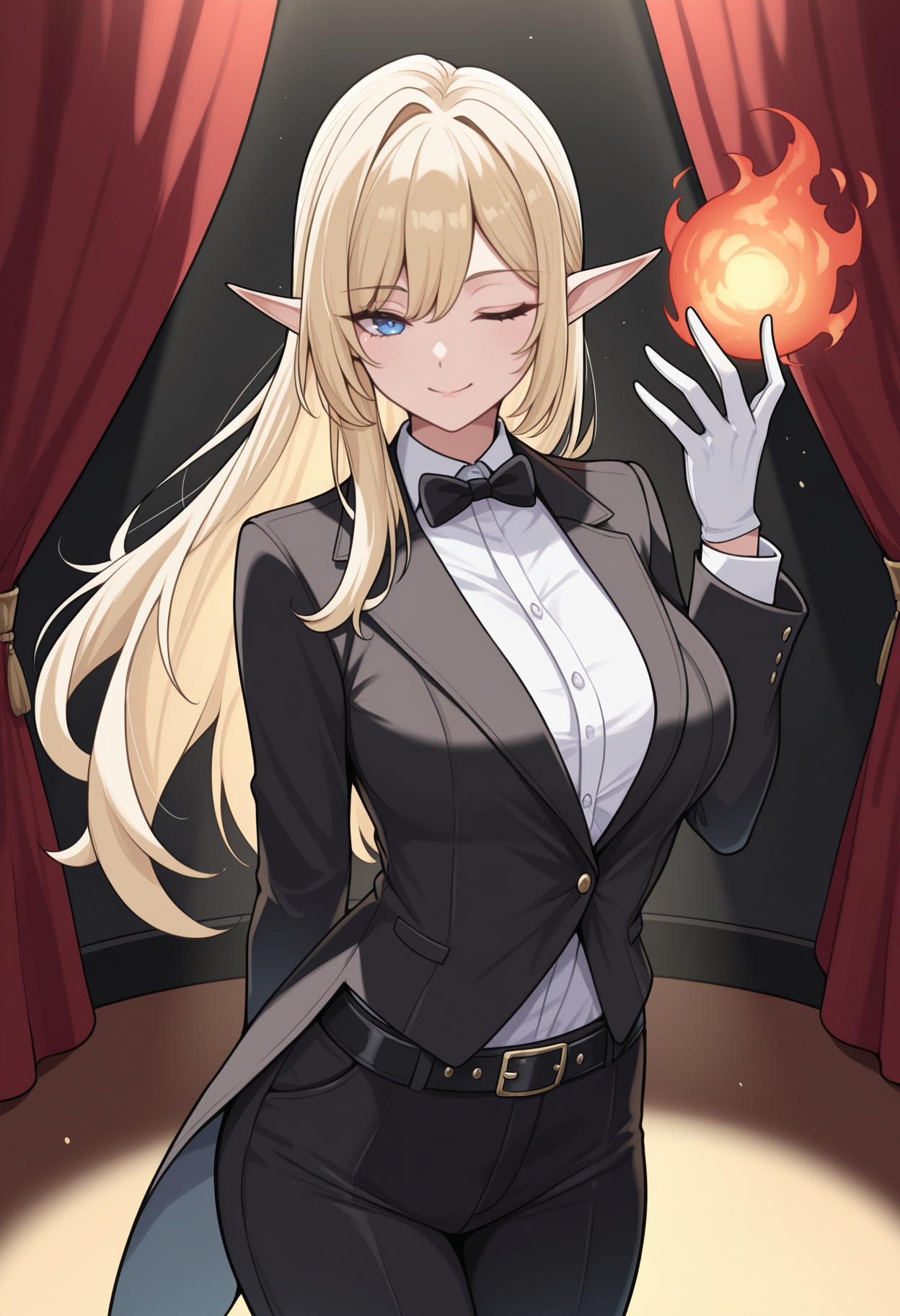 masterpiece, best quality, solo, 1girl, smile, looking at viewer, standing, arm behind back, hand up, fireball, long hair, blonde hair, pointy ears, blue eyes, one eye closed, formal, tuxedo, black jacket, long sleeves, white shirt, collared shirt, black bowtie, white gloves, black pants, black belt, stage, spotlight, curtains
<segment:yolo-Anzhc Face seg 640 v2 y8n.pt,0.4,0.5//cid=1>