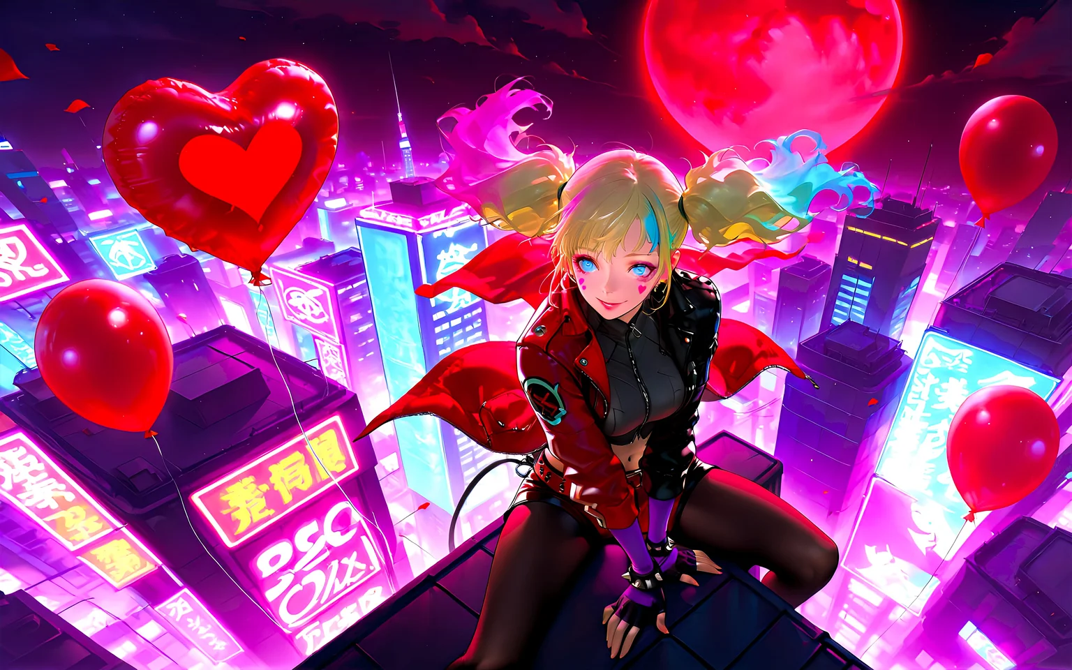 HDR, 8K, Ultra HD Wallpaper, 2.5D, high contrast, masterpiece, best quality, amazing quality, very aesthetic, ultra-detailed, absurdres, newest, scenery, BREAK, stunning stylized portrait, (bird eye view, full body, focus on character, wide shot, from above, dutch angle, fish eye lens effect:1.4), BREAK,<lora:suicidesquadisekai_quinn_illustriousXL:0.8>, isekaiquinn, 1girl, solo, gorgeous face, makeup, heart facial mark, perfect body, large breast, streaked hair, blonde hair, blue hair, twintails, blue eyes, multicolored clothes, multicolored jacket, black jacket, red jacket, open jacket, crop top, black gloves, fingerless gloves, red shorts, black shorts, red belt, earrings, spiked bracelet, ((black pantyhose)), playful and cute vibe, excited wide smile, (sitting playfully on skyscraper rooftop's edge, facing the cityscape, holding a red heart balloon:1.5), BREAK, (outdoor, nighttime, stylized red and black cityscape, neon-lit cityscape, vast open view, sprawling skylines:1.4), (persona 5 aesthetic:1.3), (floating heart-shaped red balloons in night sky:1.3), (massive red glowing moon:1.4), (rose petals in the wind:1.3), city lights, bokeh, wind effects, (monochromatic red aesthetic:1.3), intense color contrast, intricate details, chiaroscuro lighting, sharp focus, cinematic framing, lively ambiance, photorealistic, volumetric lighting, dappled light, light particles, dramatic shadows, depth of field, intricate textures, cinematic color grading, vibrant colors, ethereal beauty, IBG, <lora:0d28507d-6abc-443d-9c00-5f399ab8c7eb.TA_trained:1>, <lora:add-detail-xl:1.5>, <lora:More_interesting_backgrounds:1>.