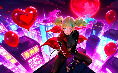 HDR, 8K, Ultra HD Wallpaper, 2.5D, high contrast, masterpiece, best quality, amazing quality, very aesthetic, ultra-detailed, absurdres, newest, scenery, BREAK, stunning stylized portrait, (bird eye view, full body, focus on character, wide shot, from above, dutch angle, fish eye lens effect:1.4), BREAK,<lora:suicidesquadisekai_quinn_illustriousXL:0.8>, isekaiquinn, 1girl, solo, gorgeous face, makeup, heart facial mark, perfect body, large breast, streaked hair, blonde hair, blue hair, twintails, blue eyes, multicolored clothes, multicolored jacket, black jacket, red jacket, open jacket, crop top, black gloves, fingerless gloves, red shorts, black shorts, red belt, earrings, spiked bracelet, ((black pantyhose)), playful and cute vibe, excited wide smile, (sitting playfully on skyscraper rooftop's edge, facing the cityscape, holding a red heart balloon:1.5), BREAK, (outdoor, nighttime, stylized red and black cityscape, neon-lit cityscape, vast open view, sprawling skylines:1.4), (persona 5 aesthetic:1.3), (floating heart-shaped red balloons in night sky:1.3), (massive red glowing moon:1.4), (rose petals in the wind:1.3), city lights, bokeh, wind effects, (monochromatic red aesthetic:1.3), intense color contrast, intricate details, chiaroscuro lighting, sharp focus, cinematic framing, lively ambiance, photorealistic, volumetric lighting, dappled light, light particles, dramatic shadows, depth of field, intricate textures, cinematic color grading, vibrant colors, ethereal beauty, IBG, <lora:0d28507d-6abc-443d-9c00-5f399ab8c7eb.TA_trained:1>, <lora:add-detail-xl:1.5>, <lora:More_interesting_backgrounds:1>.