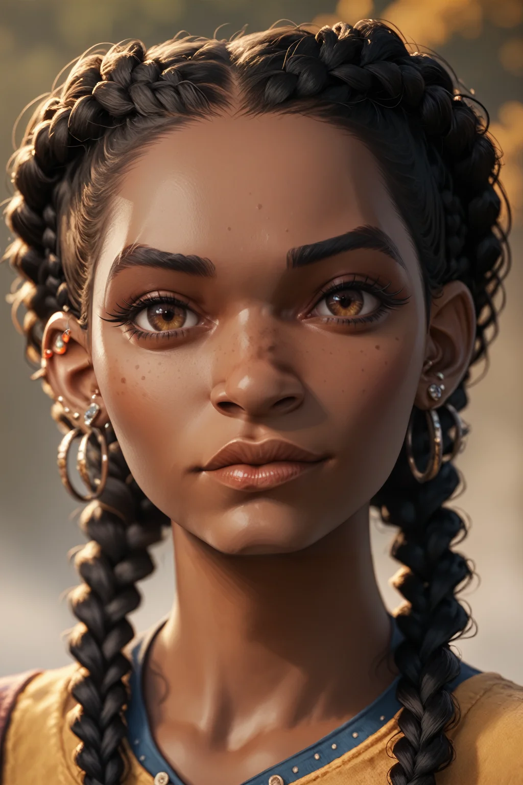 score_9, score_8_up, score_7_up, score_6_up
<lora:SOMHazel:0.8>
SOMHazel, 1girl, black hair, long hair, twin braids, brown eyes, dark skin, earrings, looking at viewer, portrait