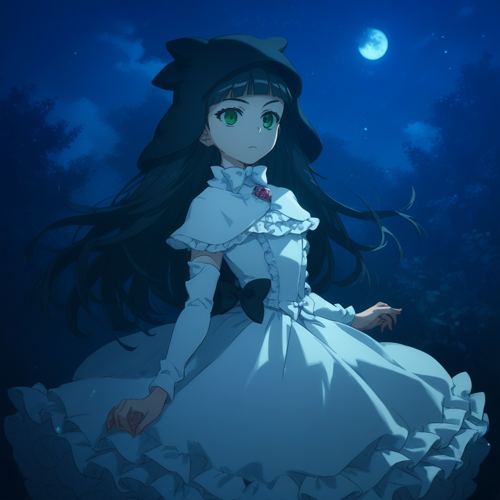 anime coloring, score_9, score_8_up, score_7_up, score_6_up, jane elves, toaru, 1girl, dark, green eyes, night, long hair, black hair, hat, bow, caplet, frilly dress