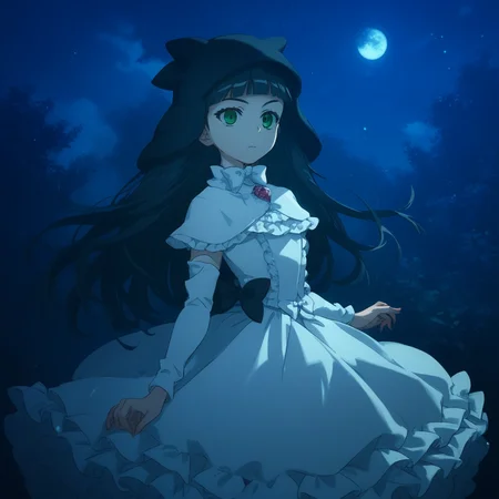 anime coloring, score_9, score_8_up, score_7_up, score_6_up, jane elves, toaru, 1girl, dark, green eyes, night, long hair, black hair, hat, bow, caplet, frilly dress