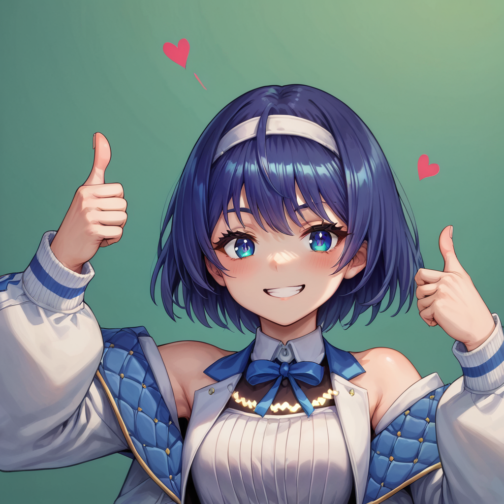 score_9, score_8_up, score_7_up, source_anime, BREAK
<lora:SuzukiTsudumi_Pony_V1:1>suzukitsudumi, 1girl, bangs, headband, bow, blue hair,
white dress, long sleeves, short hair, off shoulder, puffy sleeves, shirt, smile, white footwear, white gloves, hood,
((green background, simple bacground,:1.4))
smile, looking at viewer,  ((Thumbs up:1.5)),upper body,Heart speech bubble