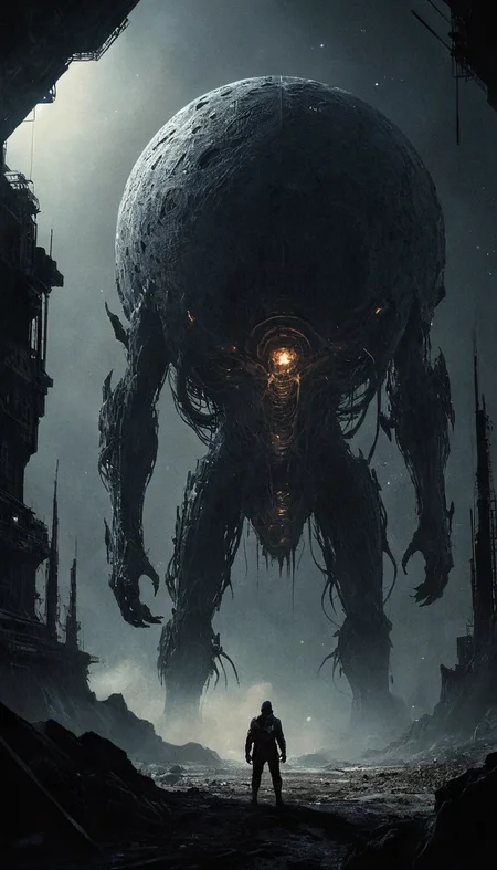 Exquisitely detailed picture, Massive orbital megastructures with self-repairing, adaptive architectural surfaces that respond to environmental conditions, stalking mini monster animals, Sharply defined imagery, full body, violently clashing, <lora:zavy-cntrst-sdxl:0.6> dark, low-key, <lora:Consistency Corrector XL:0.4>, <lora:DnD_Grainyboyz V2 SDXL Lora:0.6> DnD_Grainyboyz, grainy, noise