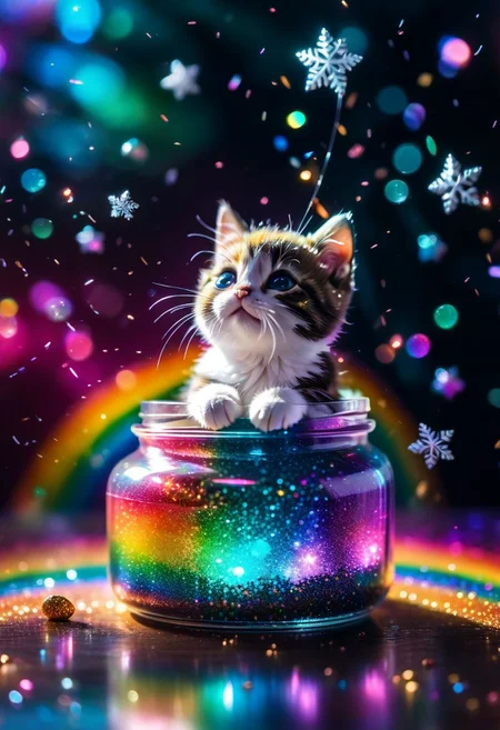 galaxy environment, Capturing A whimsical, a small kitty, winter spring wind rainbow a sprinkle of edible glitter in an unopenable dream magical jar, trippy, 8k, vivid, ultra detalis, colorfull lighting, surreal photography, portrait,