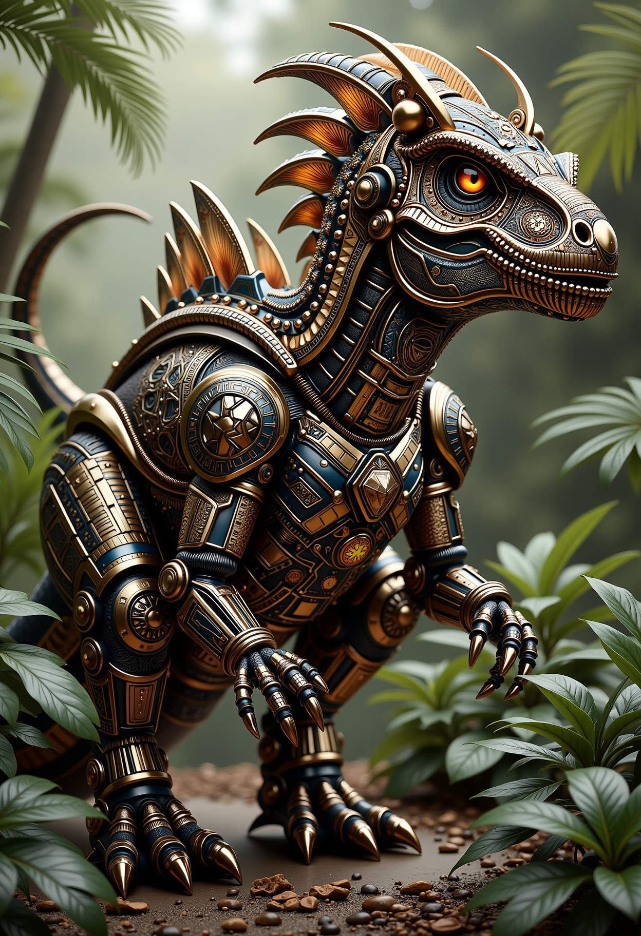 afrofuturism, Robo-Raptor, the Robotic Dinosaur, ((Vivid, HDR, Canon50, 8K, Hyper Realistic, Dramatic, Epic, Dynamic Contrast)) (((Zoomed Out, Far away Shot))) - sharp edges and fine details,. clear and well-defined subject. crisp lines and distinct features. vibrant colors and accurate tones. clear textures and patterns in the image. - Emphasize clarity and definition in all aspects of the generated image. sharpness and clarity of the main subject in the image. visually appealing image in a lush jungle environment
 <lora:dvr-afrofuturism-flux:1>