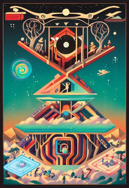 a drawing of cyber Lunar Anubis, holographic split split head, quintessence, (chemigram:1.1, eye of hamesh (light rays),  floating in space, holographic nebula, scifi tetrahedral trees, digital sigil of pyramid,, frames cube ((three planes) X Y Z in occult space), closeup