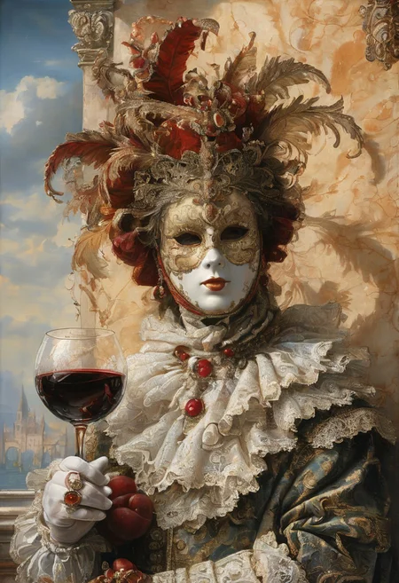 A still life in the style of 17th-century Dutch masters: Venetian mask with gilt edges and velvet texture, antique brass hourglass, crystal goblet filled with red wine, grapes with dewdrops. Dramatic Rembrandt-style lighting from a side window casting deep shadows. Through the window: a fantasy landscape — medieval castle with floating bridges and stained-glass towers, Baroque clouds (voluminous, illuminated by golden light), and a majestic dragon with iridescent scales soaring across the sky. Details: dust motes in light beams, cracked plaster walls, dragon's reflection in the goblet. Technique: oil painting with glazing layers, chiaroscuro contrast, hyperrealistic textures of aged wood and polished crystal.
