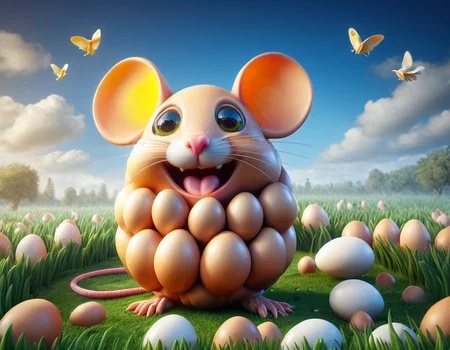 funny digital art of a mouse with a happy eyes with big laugh made of eggs, funny place background, masterpiece, absurdres, vibrant, dynamic angle, dynamic pose, dramatic light, highly detailed, scenery, no humans, <lora:EggsMorph:1>,