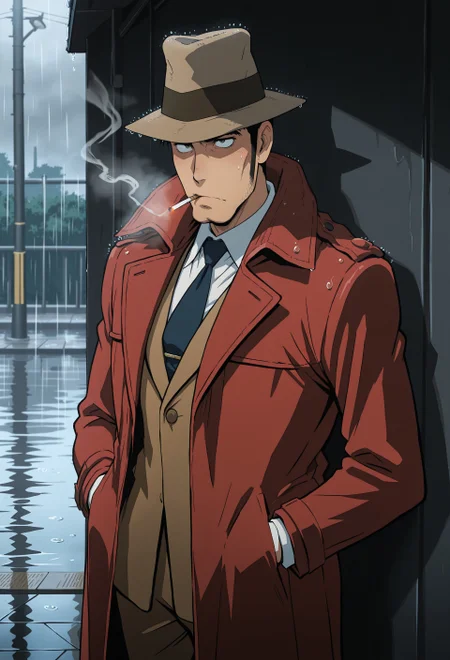 (masterpiece), best quality, amazing quality, solo, KZenigata, very short hair, smoking under heavy rain, red trenchcoat soaked, fedora hat shadowing eyes, cigarette smoke, melancholic atmosphere, dramatic shadows and lighting, noir anime style