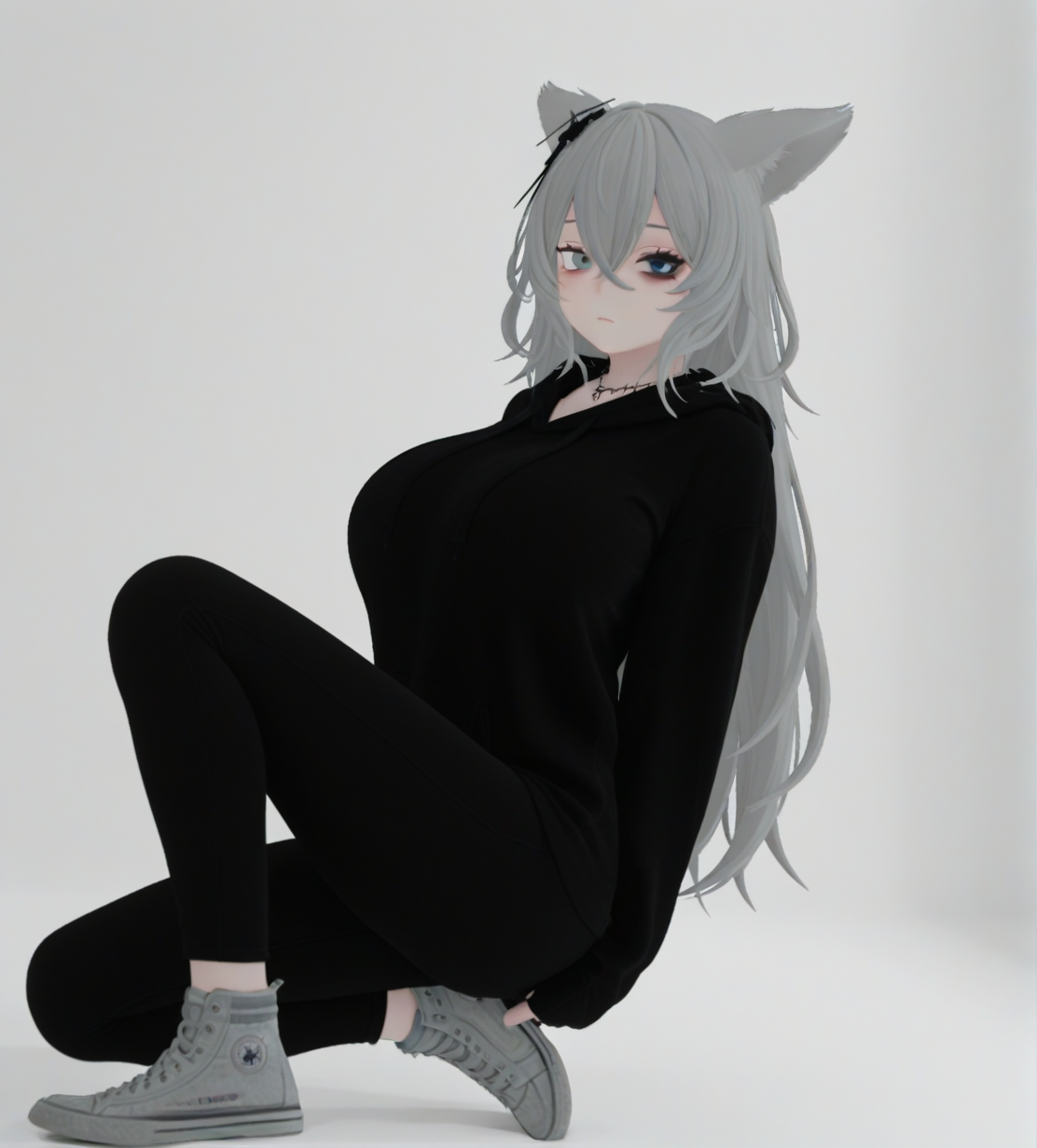 <lora:Mmmm_wolf_girl:1>,1girl, huge breasts, 
Mmmm wolf girl,animal ears,wolf ears,long hair,grey hair,hair between eyes,crossed bangs,grey eyes,heterochromia,
hair ornament,
necklace,
black hoodie,sleeves past wrists,
black pants,
grey sneakers,
very awa, masterpiece, best quality, highres, absurdes,amazing quality,very aesthetic,intricate details, <lora:hand 5.5:1>